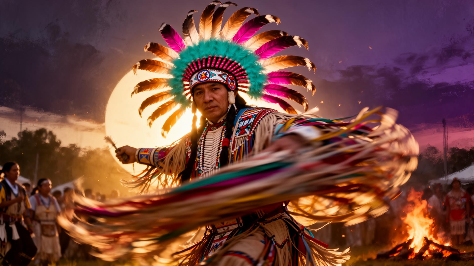 Haudenosaunee dancer in full regalia at sunset